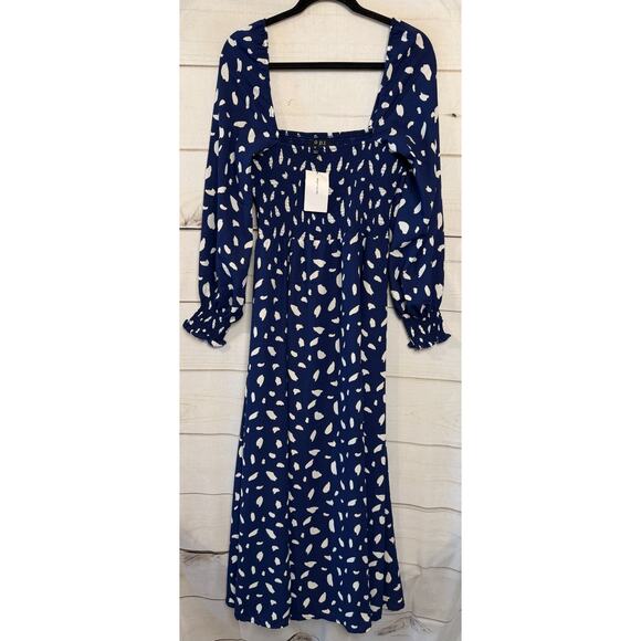 o.p.t. Size LG NWT Maxi Dress Blue White Smocked Classy Fun - Picture 1 of 6